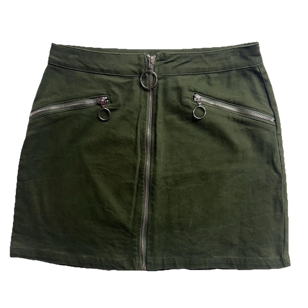 Vestique Olive Green Mini Skirt Size S Front‎ Zip Ring Pull Utility Style